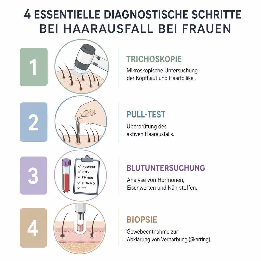 Infografik der vier wichtigsten Untersuchungsschritte bei der Diagnostik von Frauenhaarausfall.