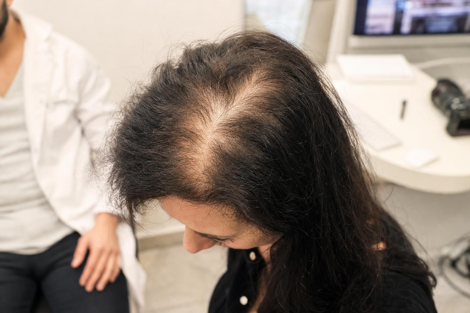 Nahaufnahme einer Frau mit dünner werdendem Haar am Oberkopf.